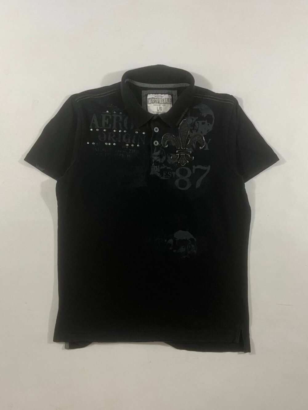 Y2K Aeropostale Black Studded Fleur-de-Lis Graphic Polo Shirt L
